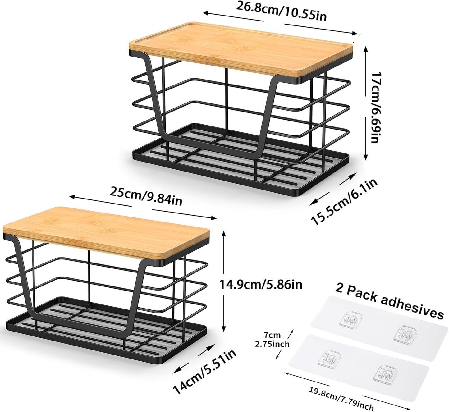 2 Pack Storage Stackable Kitchen Laundry Organizers with Bamboo Top, Large Trash Bag Holder and Small Garbage Bag Dispenser for Countertop Organization