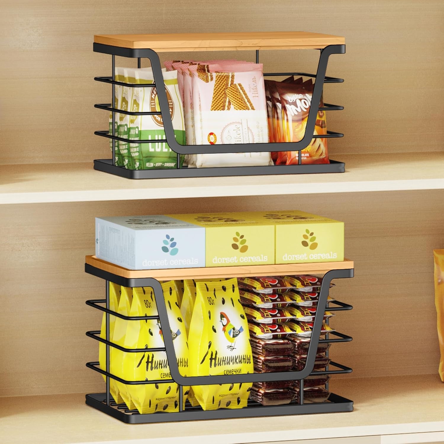 2 Pack Storage Stackable Kitchen Laundry Organizers with Bamboo Top, Large Trash Bag Holder and Small Garbage Bag Dispenser for Countertop Organization